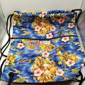 Local Design Hawaii Drawstring Backpack Blue Hibiscus Tropical Cotton Bag